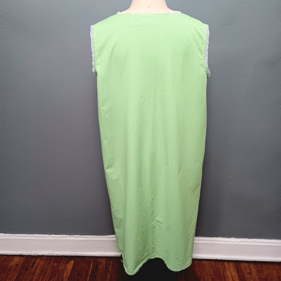 Country Store cotton green white gingham housecoat nightgown w lace hems. Large - Picture 3 of 11